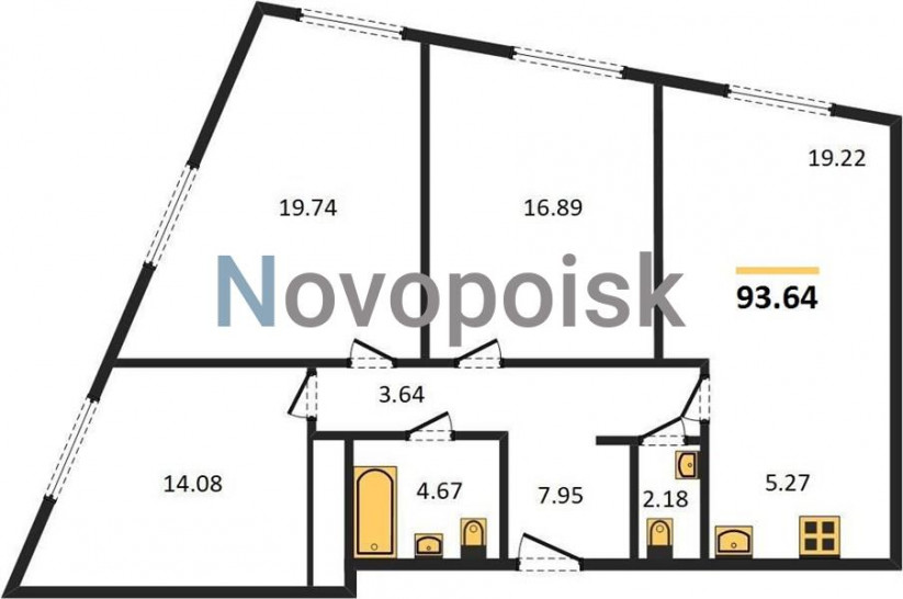 Трёхкомнатная квартира 93.64 м²