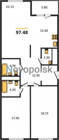 Двухкомнатная квартира 97.48 м²