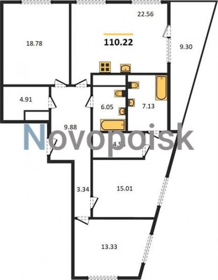 Трёхкомнатная квартира 110.22 м²