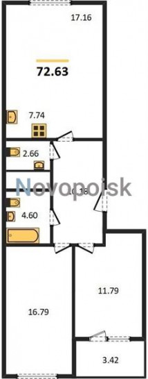 Двухкомнатная квартира 72.63 м²