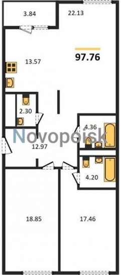 Трёхкомнатная квартира 97.76 м²