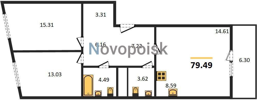 Двухкомнатная квартира 79.49 м²