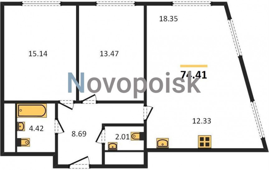 Двухкомнатная квартира 74.41 м²