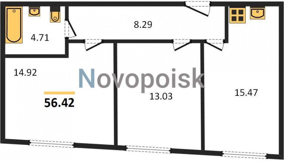 Двухкомнатная квартира 56.42 м²