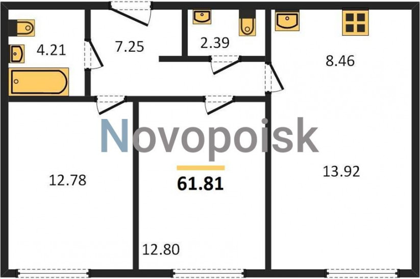 Двухкомнатная квартира 61.81 м²