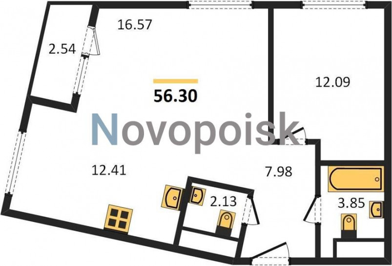 Однокомнатная квартира 56.3 м²