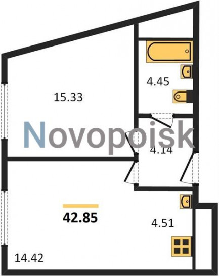 Однокомнатная квартира 42.85 м²