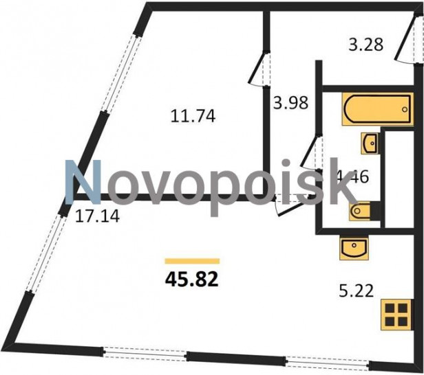 Однокомнатная квартира 45.82 м²