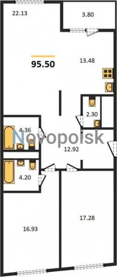 Двухкомнатная квартира 95.5 м²