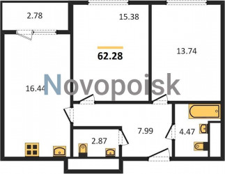 Двухкомнатная квартира 62.28 м²