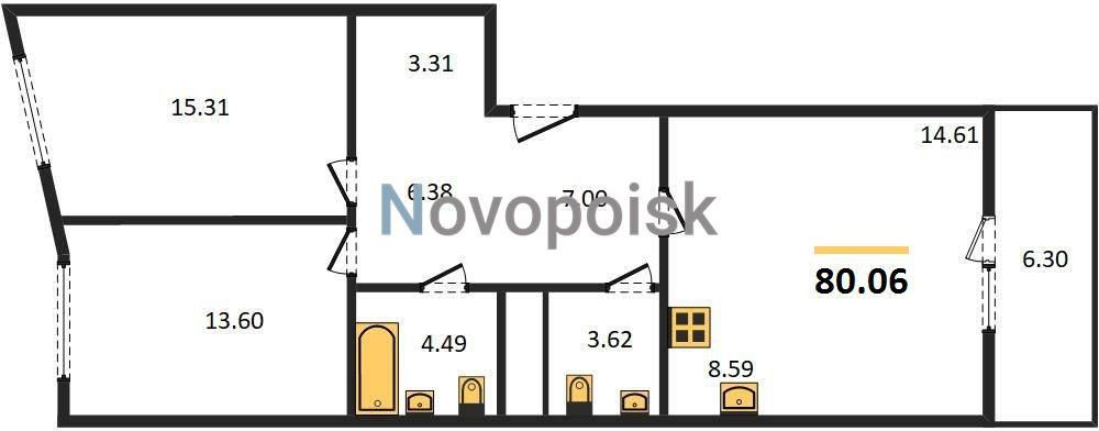 Двухкомнатная квартира 80.06 м²