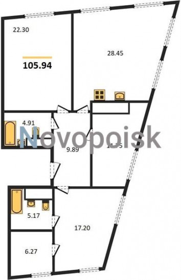 Трёхкомнатная квартира 105.94 м²