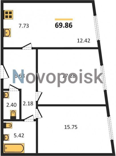 Двухкомнатная квартира 69.86 м²