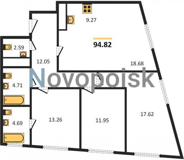 Трёхкомнатная квартира 94.82 м²