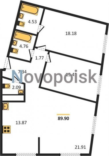 Двухкомнатная квартира 89.9 м²