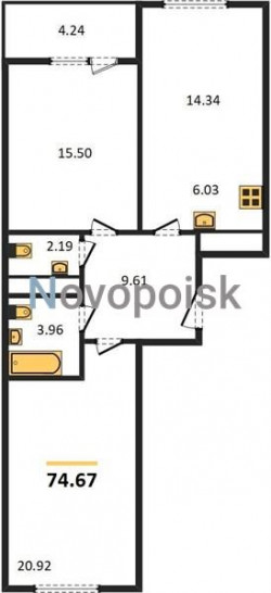 Двухкомнатная квартира 74.67 м²