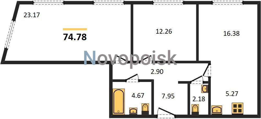Двухкомнатная квартира 74.78 м²