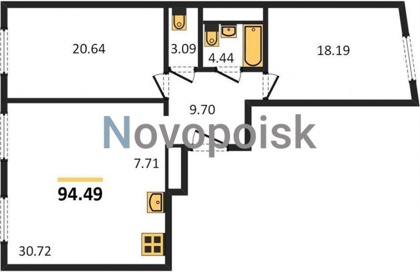 Двухкомнатная квартира 94.49 м²